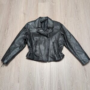 Vintage Hot Leathers Motorcycle Jacket Womens L Black Biker Braided Ruched